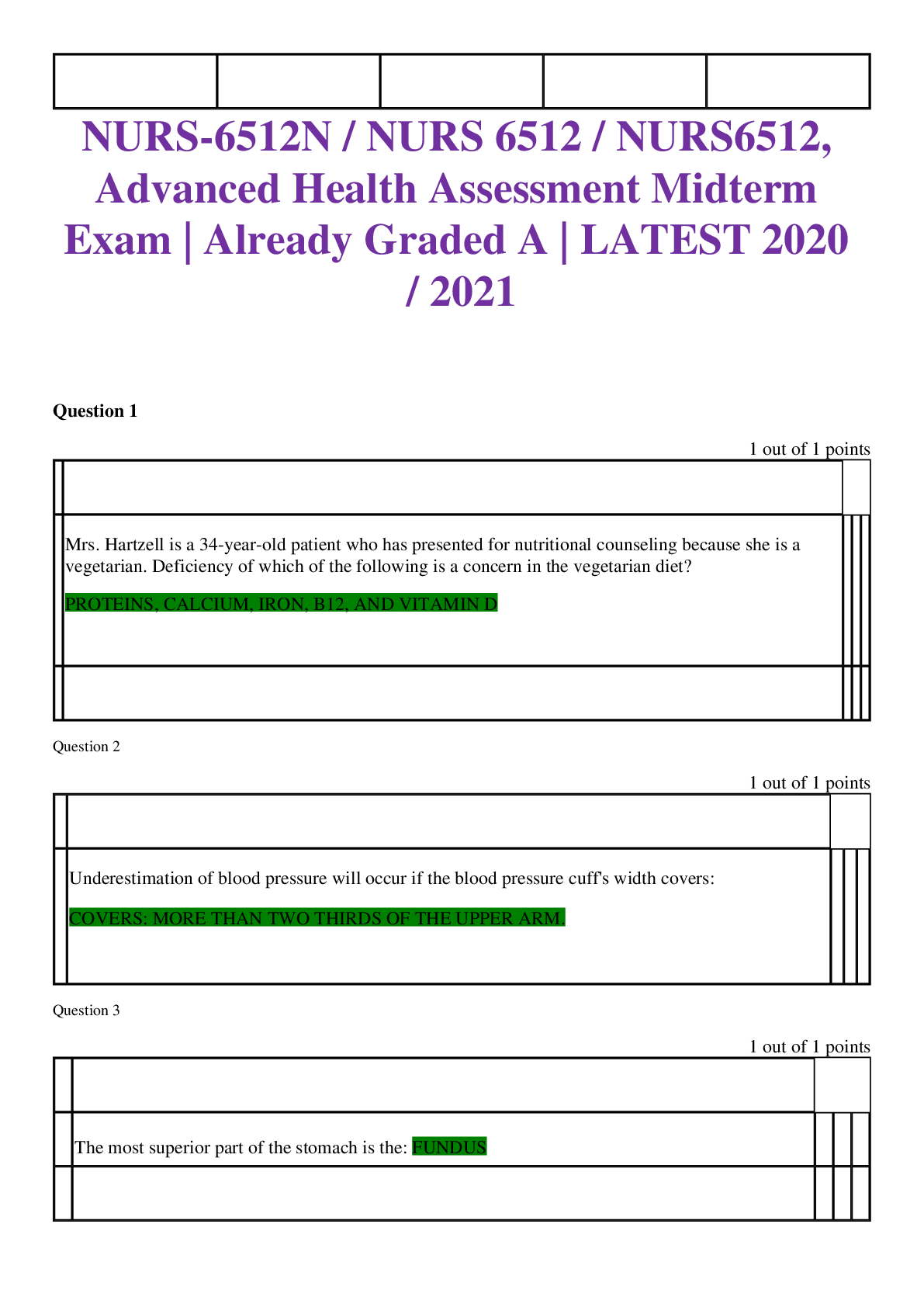 Preview of NURS-6512N / NURS 6512 / NURS6512, Advanced Health Assessment Midterm Exam | Already Grade
